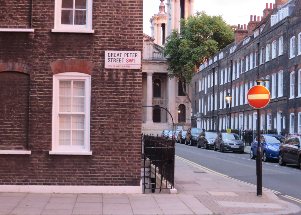 Magic hour by the houses of Westminster, with a do not enter sign