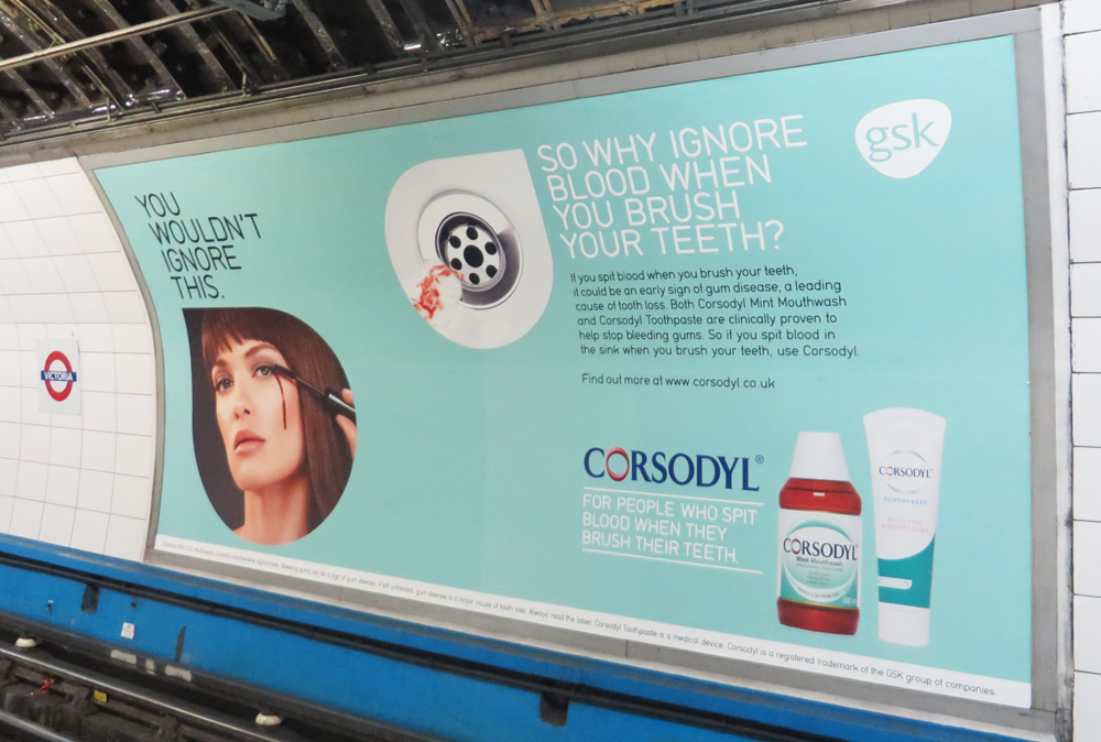 This freaky ad comparing a bleeding eye to gums that bleed when you brush your teeth. Augh!