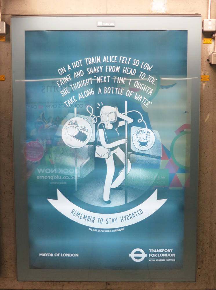 On a hot train, Alice felt so low / Faint and shaky from head to toe / She thought, "Next time I oughta / take along a bottle of water."