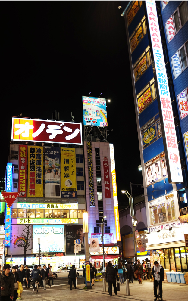 A street and bright signs in Akihabara in Tokyo