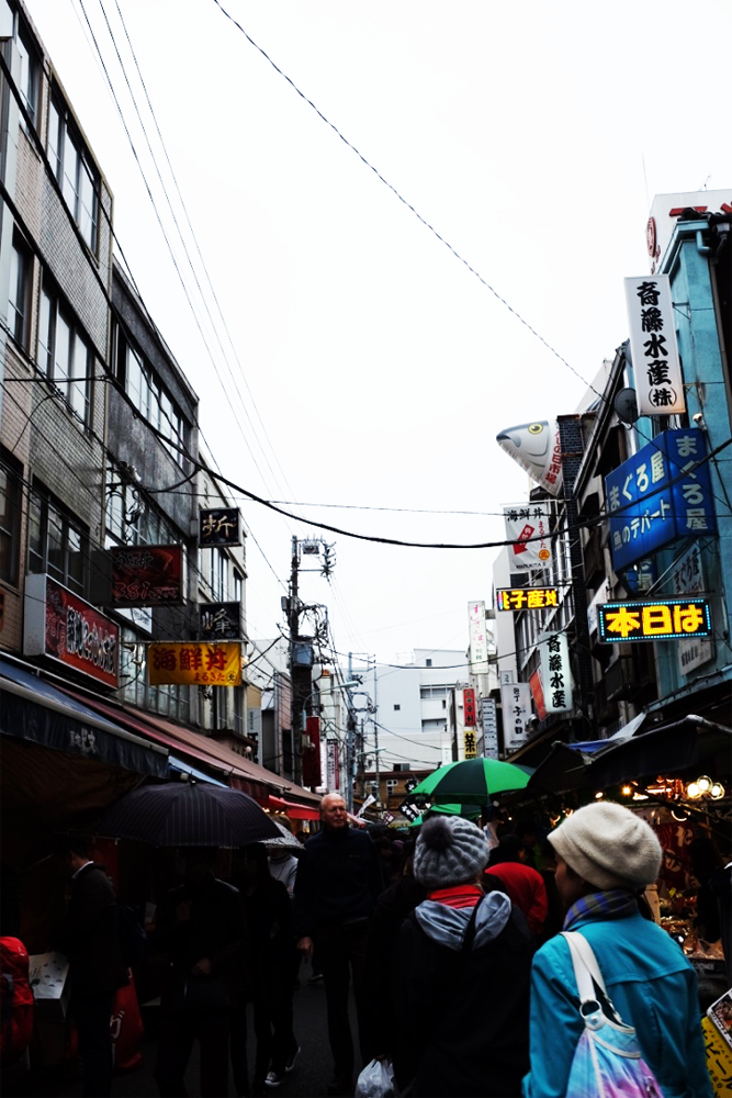 A thriving street and crowd in Tokyo's Tsukiji Market