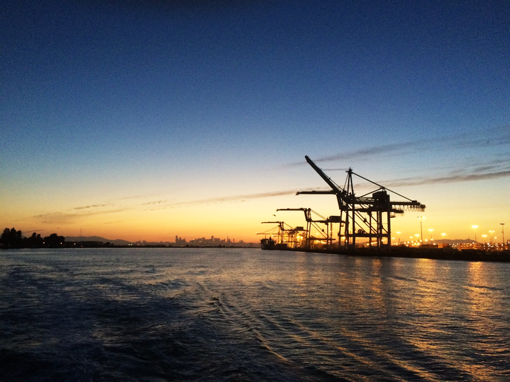 The cranes of Oakland's harbor, magnificent sunset behind