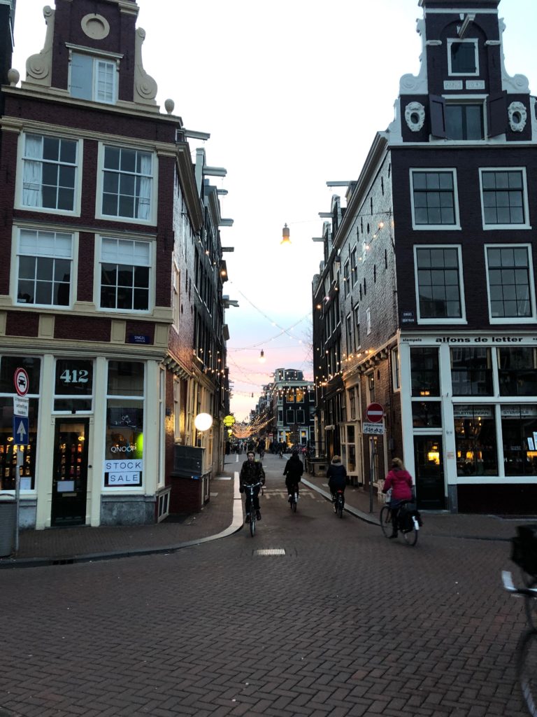 Townhouses of central Amsterdam with streaks of blue-and-pinky dusky sky behind them