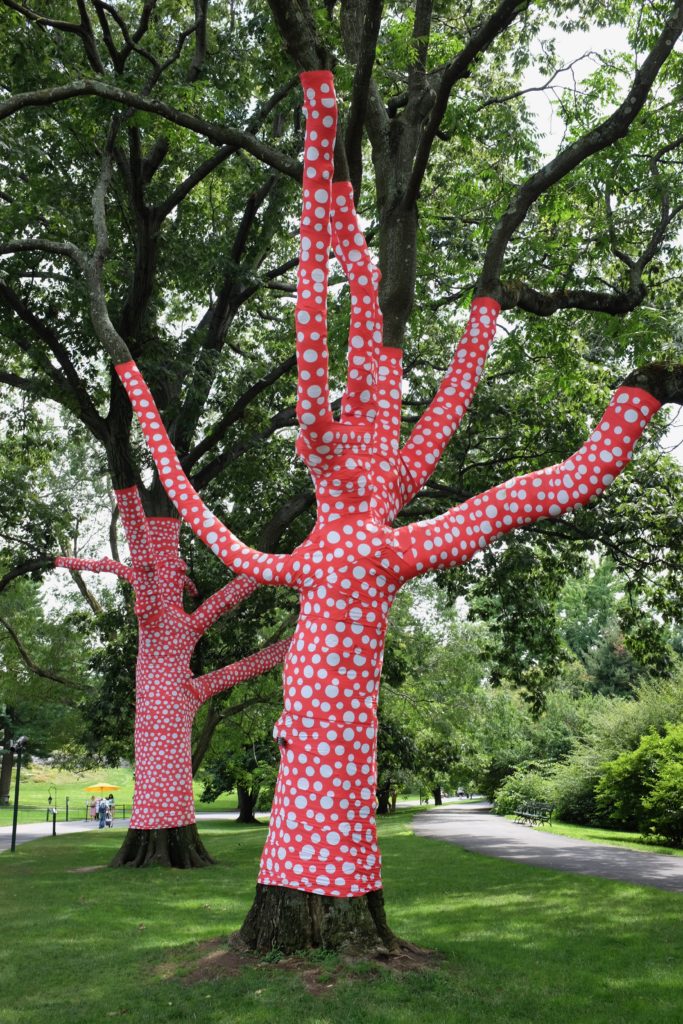 trees wrapped in red cloth with white polka dots